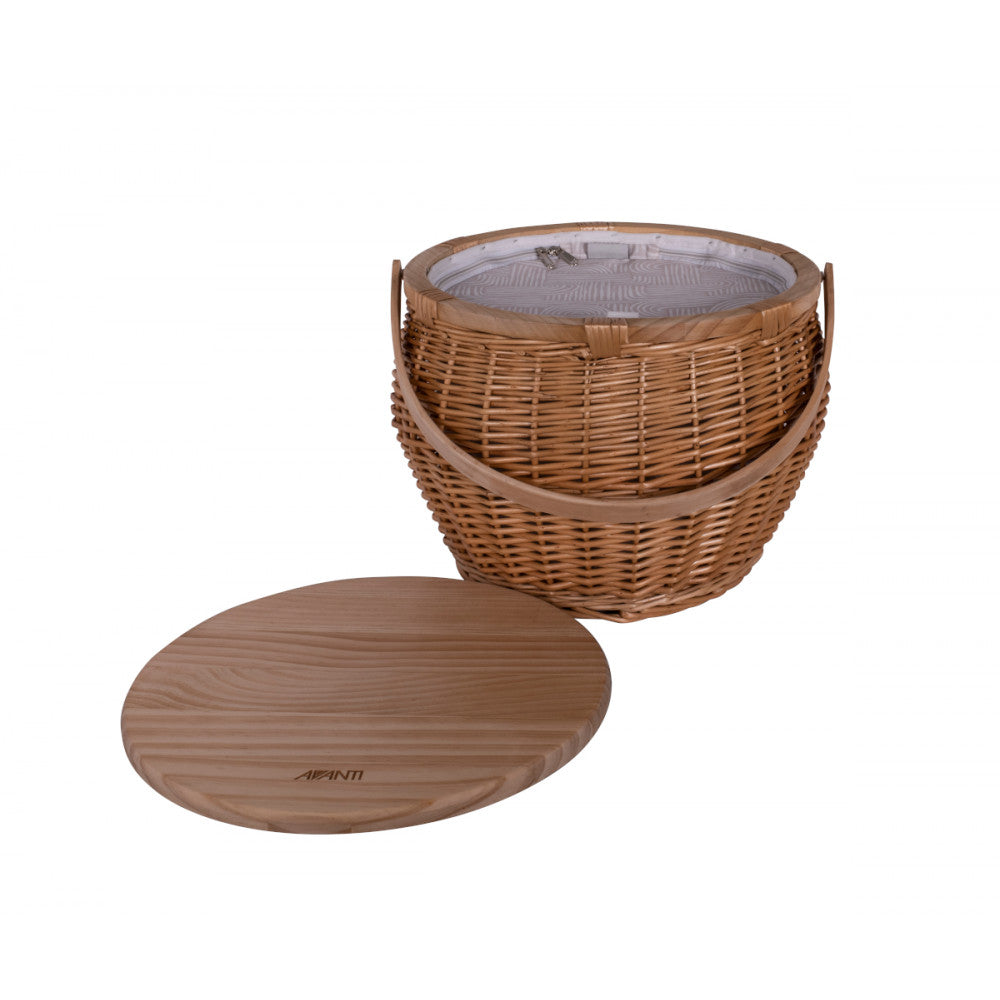 Zen Arc Insulated Round Wicker Picnic Basket with Pine Wood Top 40x31cm